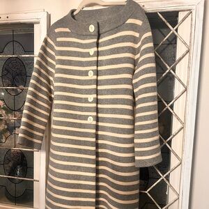 J Crew Coat Long Cardigan Women's Size Large  Snap buttons Gray White Striped